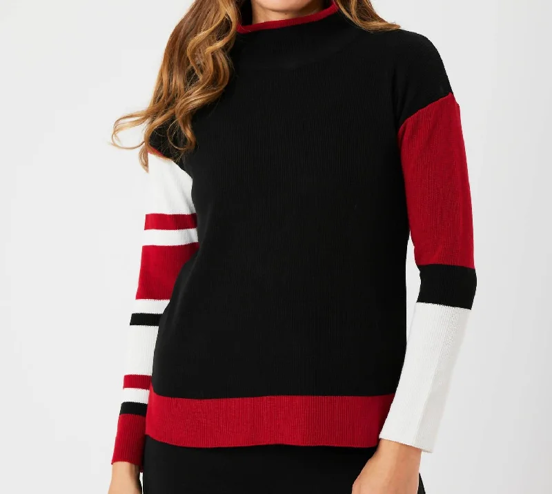 Women's Luxury Attire Stripe Sleeve Mock Neck Sweater In Black/red