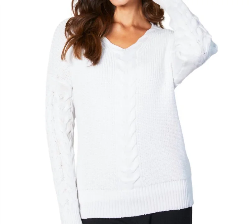 Designer Women's Fashion Online V-Neck Cable Knit Sweater In White