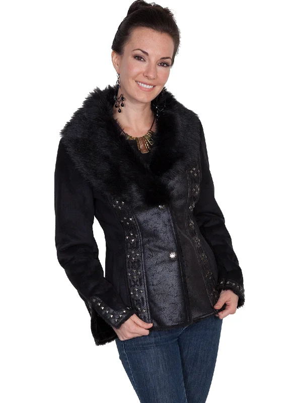 Women's Evening Clothing Scully Womens Black Faux Fur Stud Jacket