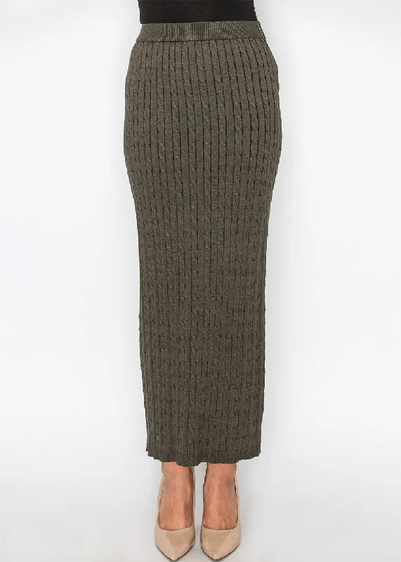 Modern Women's Outfit Olive Cable-Knit Long Skirt