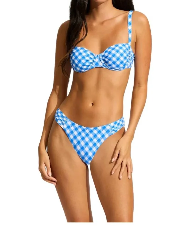 Affordable Online Boutique Ruched Underwire Bra & High Leg Bikini In Blue Check