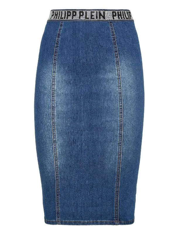 Effortless Chic for Women Denim Super Stretch Skirt Stones  Philipp Plein TM with Crystals