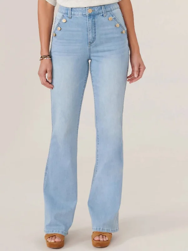 Classic Clothes For Women Skyrise Long Flare Jean With Angled Button-Lined Pockets In Powder Blue Artisanal Denim