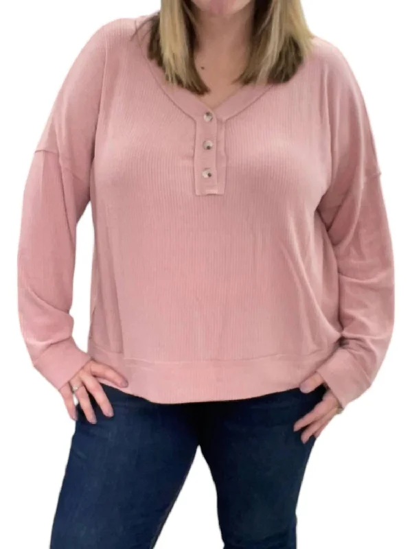 Stylish Women's Garments Ribbed Henley Sweater In Blush