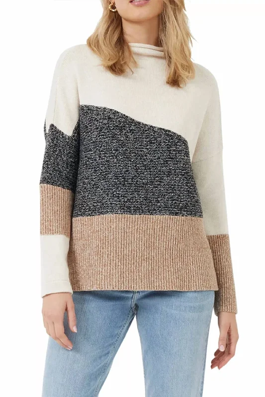 Sophisticated Women's Fashion Lotty Color Block Knit Patch Sweater Top In Black