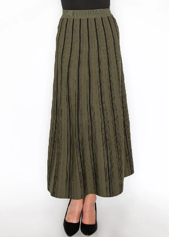 Women's Weekend Outfit Classic Olive Striped Midi Skirt