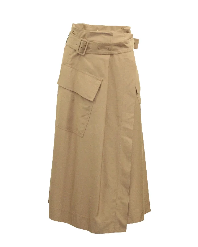 Trendy Women's Fashion Vince High Rise Belted Midi Skirt in Brown Viscose