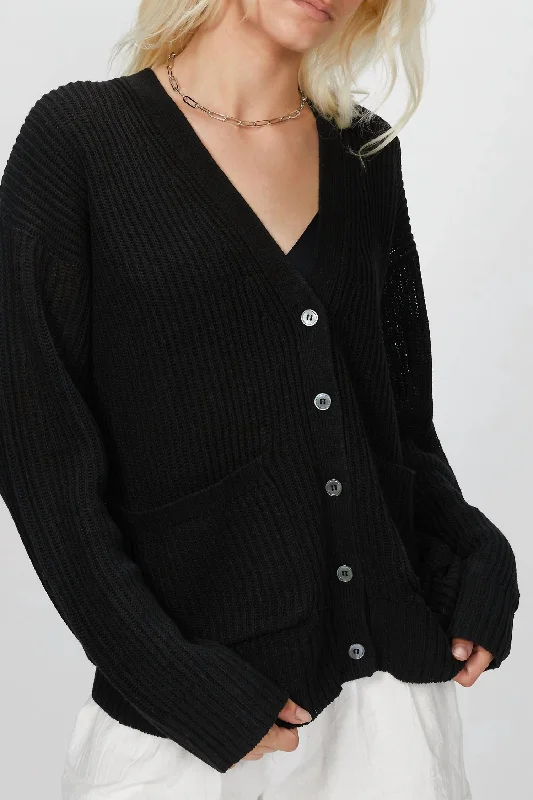 Trendy Women's Fashion Ribbed Kurt Cardigan In Black