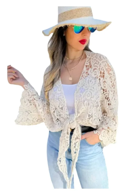 Women's Fashion Clothing Crochet Bell Sleeve Cardigan Coverup In Ivory