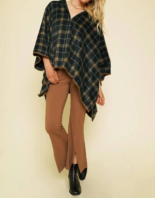 Chic Women's Attire Plaid Zip-Up Poncho In Navy