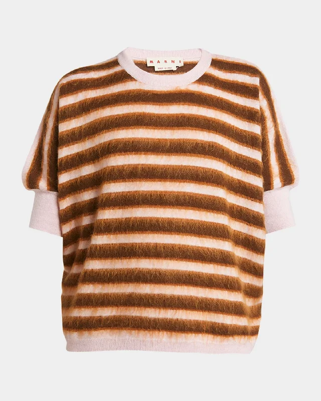 Casual Wear Striped Fuzzy Knit Short-Sleeve Sweater